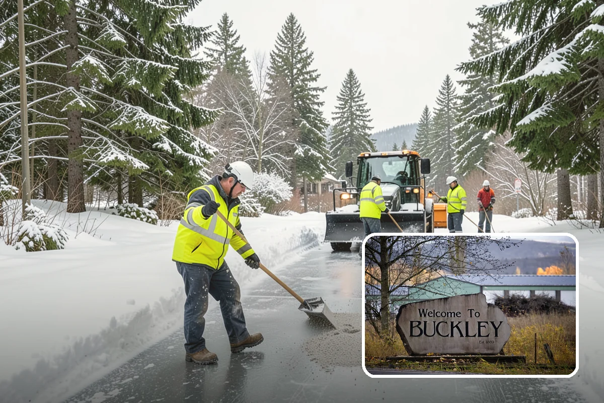 Office Building Sidewalk Clearing in Buckley, Pierce County, WA - Clear, dry entrances greet employees and clients each morning