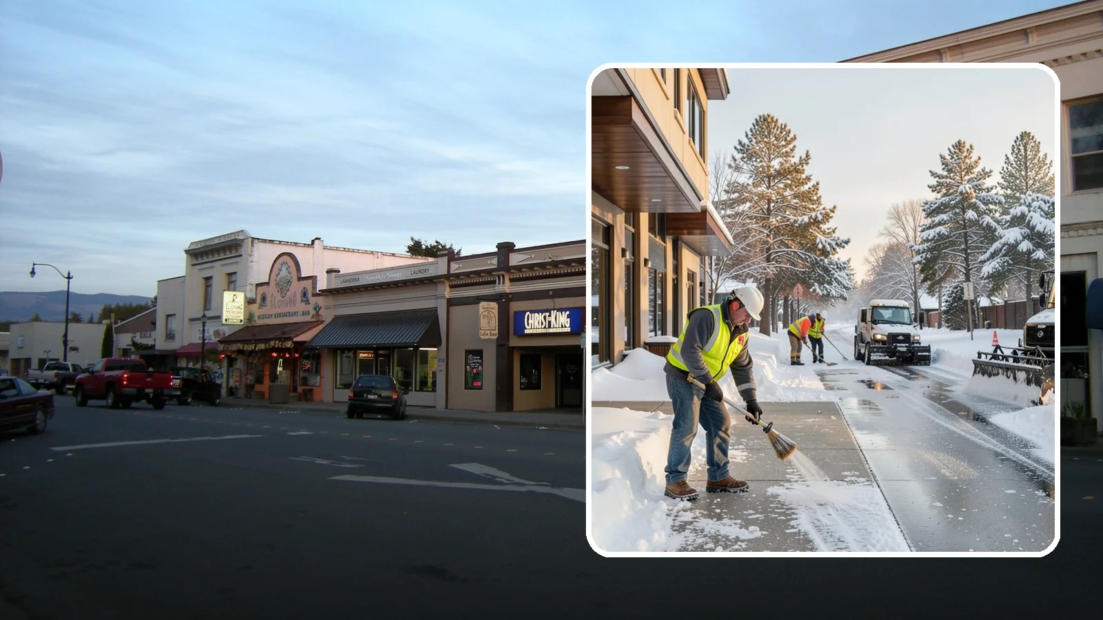 Office Building Sidewalk Clearing in Burlington, Skagit County, WA - Pre-opening sidewalk clearing for Western Washington office buildings so employees and visitors reach the entrance safely before...
