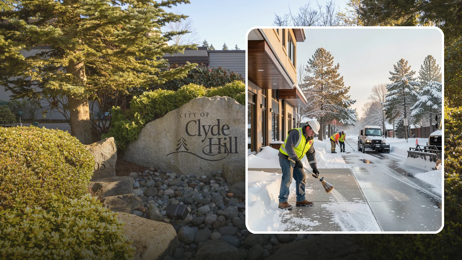 Office Building Sidewalk Clearing in Clyde Hill, King County, WA - Pre-opening sidewalk clearing for Western Washington office buildings so employees and visitors reach the entrance safely before...