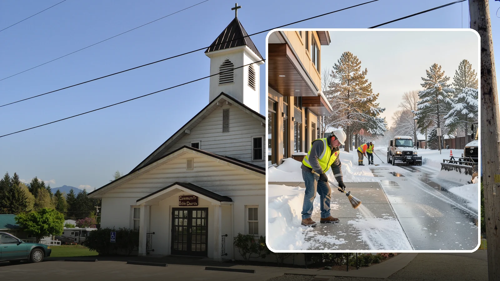Office Building Sidewalk Clearing in Concrete, Skagit County, WA - Pre-opening sidewalk clearing for Western Washington office buildings so employees and visitors reach the entrance safely before...