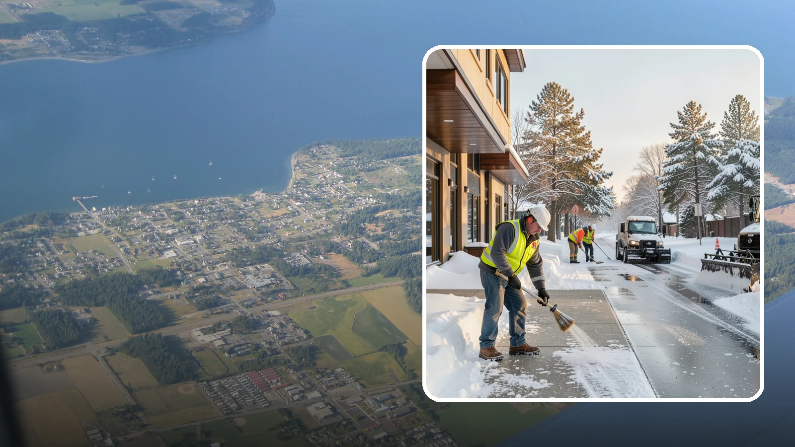 Office Building Sidewalk Clearing in Coupeville, Island County, WA - Pre-opening sidewalk clearing for Western Washington office buildings so employees and visitors reach the entrance safely before...