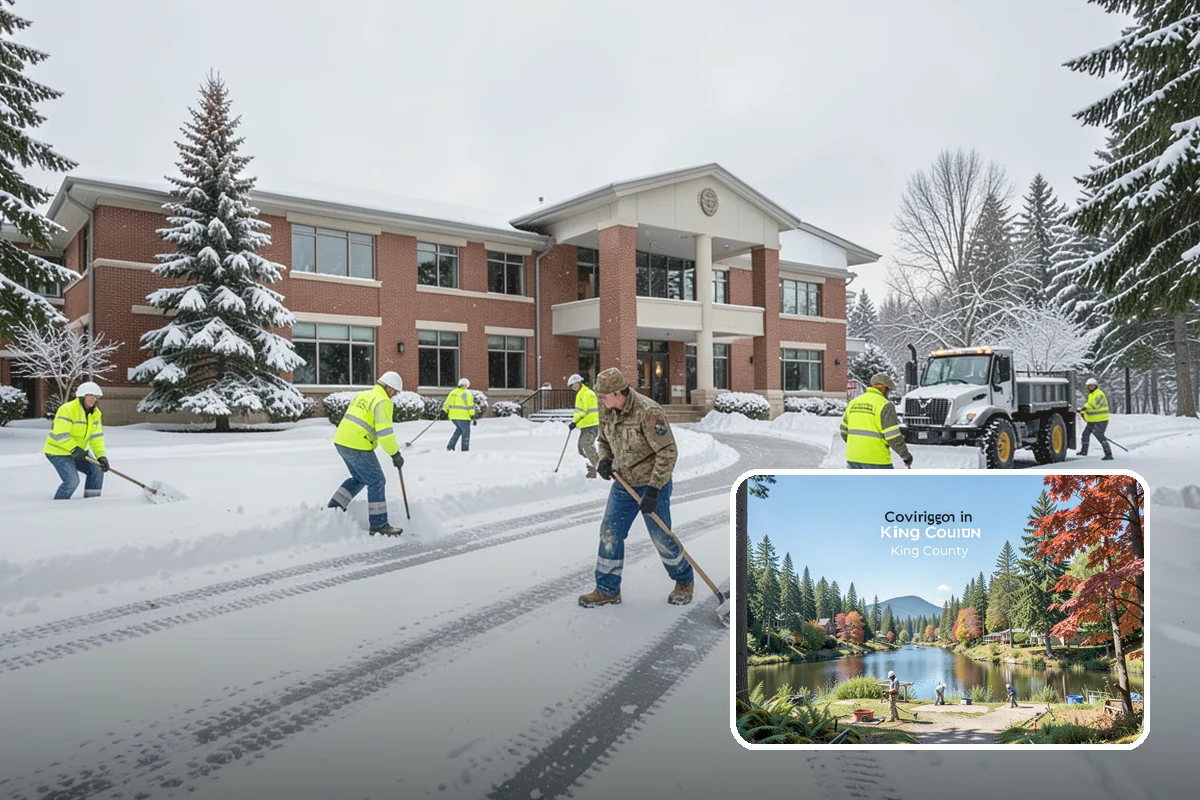 Office Building Sidewalk Clearing in Covington, King County, WA - Clear, dry entrances greet employees and clients each morning