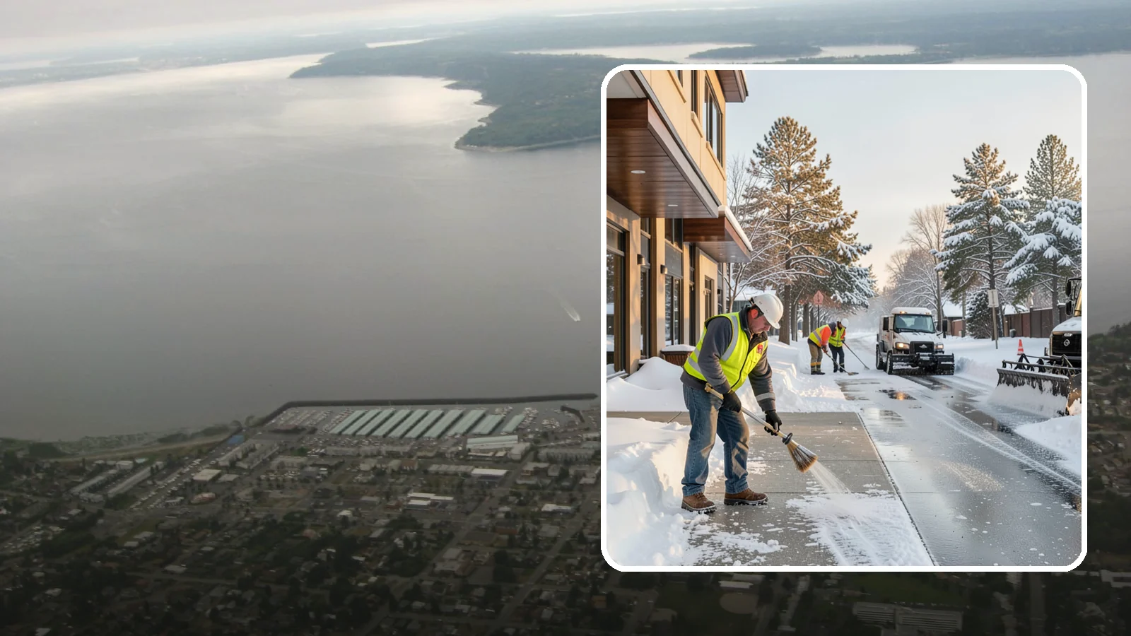 Office Building Sidewalk Clearing in Des Moines, King County, WA - Pre-opening sidewalk clearing for Western Washington office buildings so employees and visitors reach the entrance safely before...