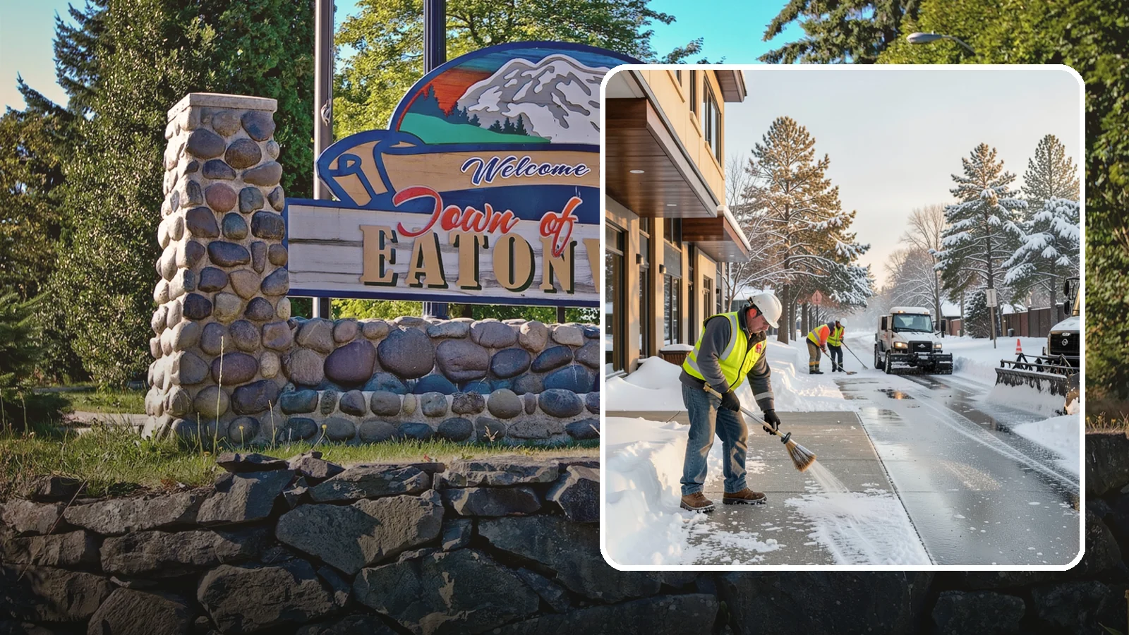 Office Building Sidewalk Clearing in Eatonville, Pierce County, WA - Pre-opening sidewalk clearing for Western Washington office buildings so employees and visitors reach the entrance safely before...