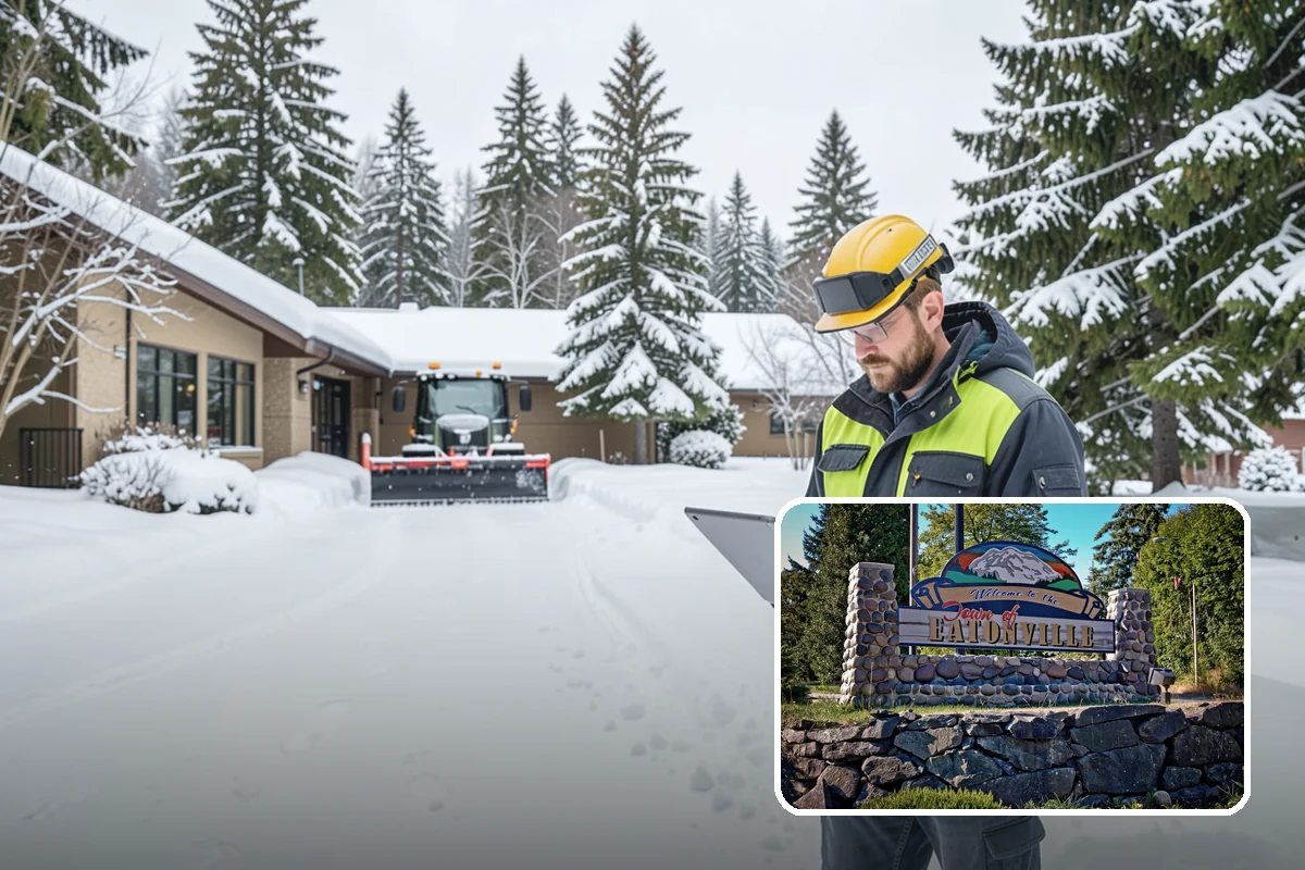 Office Building Sidewalk Clearing in Eatonville, Pierce County, WA - Clear, dry entrances greet employees and clients each morning