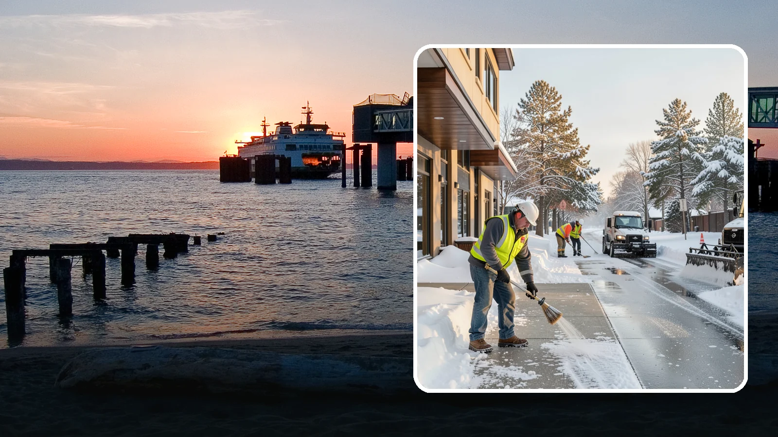 Office Building Sidewalk Clearing in Edmonds, Snohomish County, WA - Pre-opening sidewalk clearing for Western Washington office buildings so employees and visitors reach the entrance safely before...