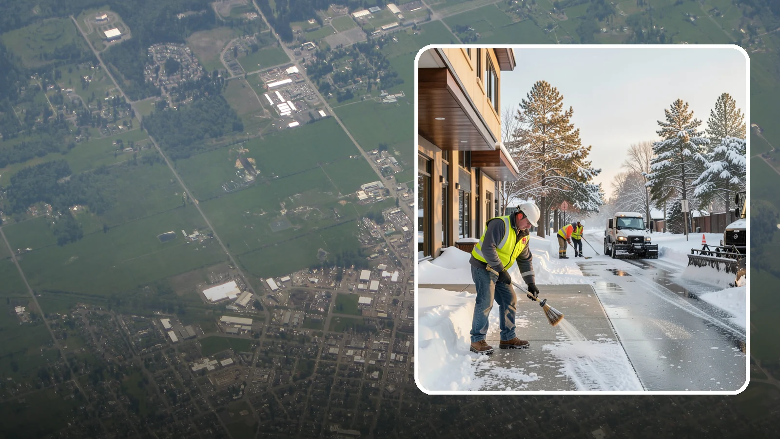 Office Building Sidewalk Clearing in Enumclaw, King County, WA - Pre-opening sidewalk clearing for Western Washington office buildings so employees and visitors reach the entrance safely before...