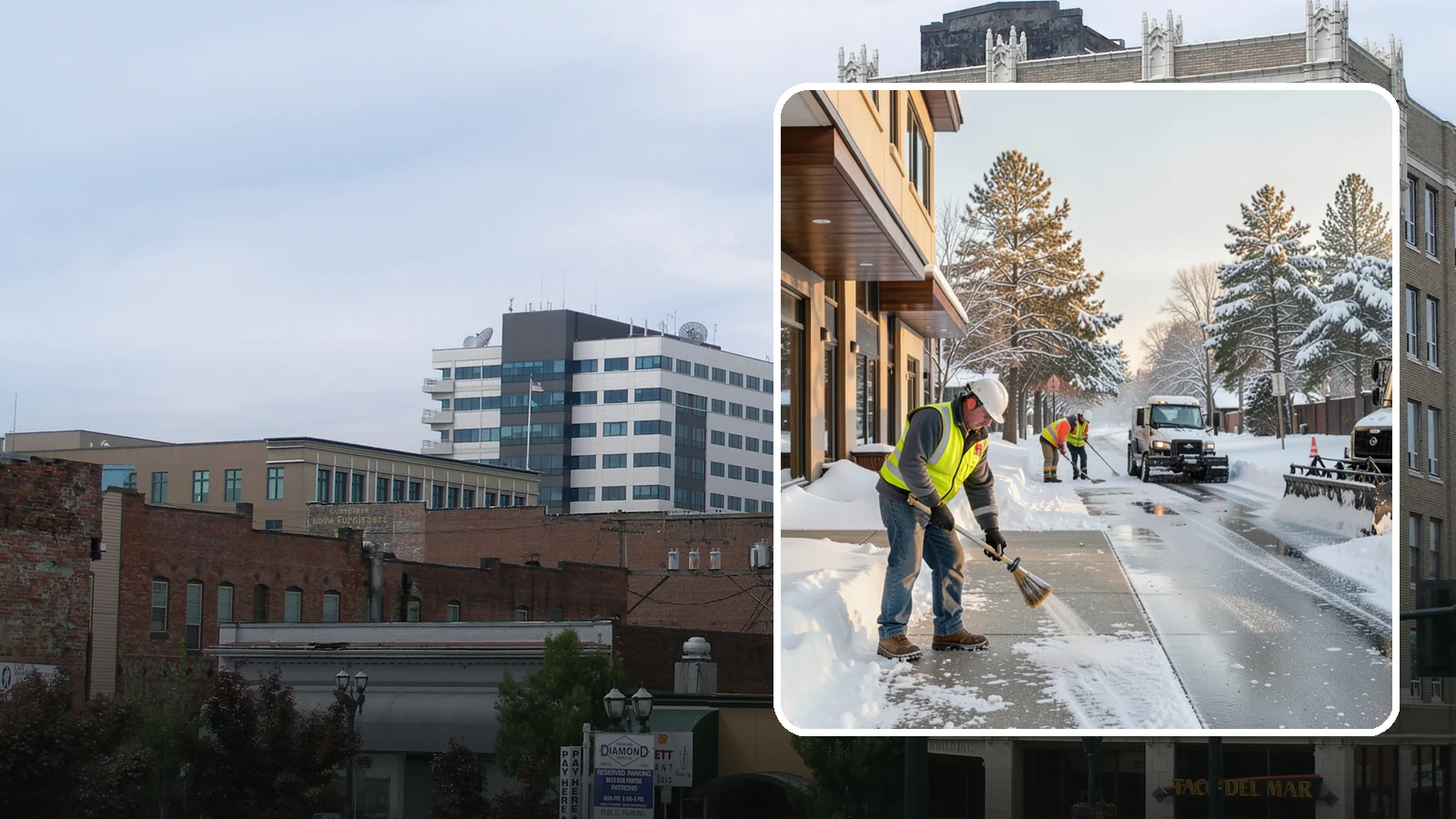 Office Building Sidewalk Clearing in Everett, Snohomish County, WA - Pre-opening sidewalk clearing for Western Washington office buildings so employees and visitors reach the entrance safely before...