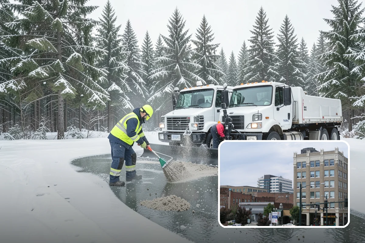 Office Building Sidewalk Clearing in Everett, Snohomish County, WA - Clear, dry entrances greet employees and clients each morning