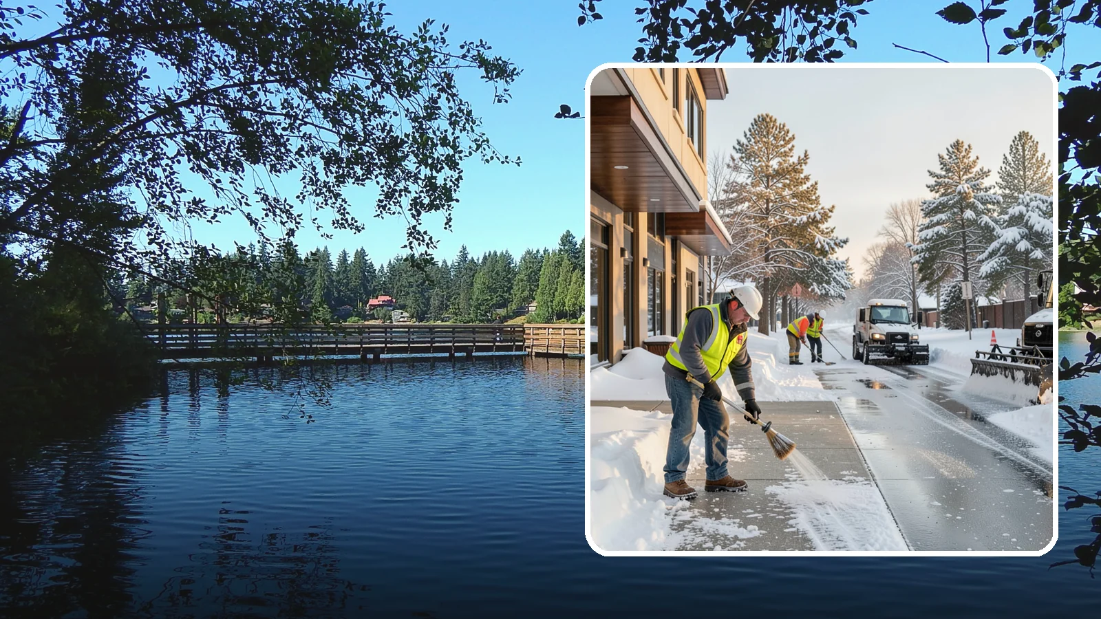 Office Building Sidewalk Clearing in Federal Way, King County, WA - Pre-opening sidewalk clearing for Western Washington office buildings so employees and visitors reach the entrance safely before...