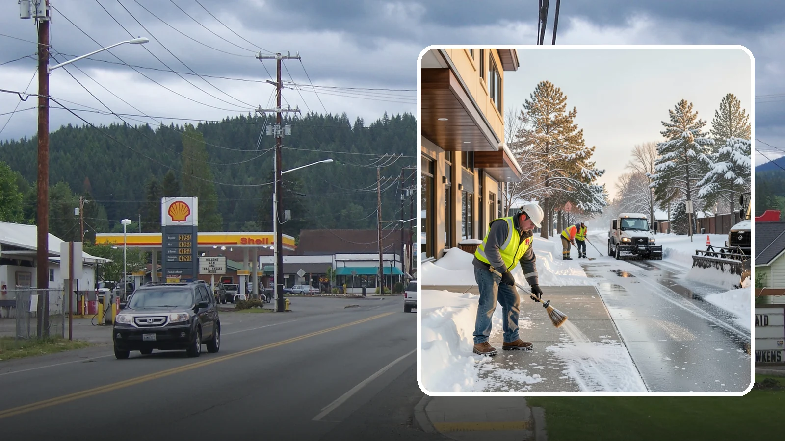 Office Building Sidewalk Clearing in Granite Falls, Snohomish County, WA - Pre-opening sidewalk clearing for Western Washington office buildings so employees and visitors reach the entrance safely before...