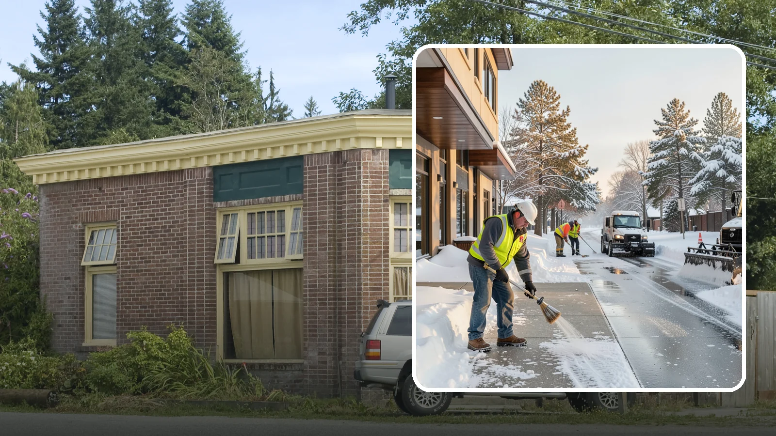Office Building Sidewalk Clearing in Hamilton, Skagit County, WA - Pre-opening sidewalk clearing for Western Washington office buildings so employees and visitors reach the entrance safely before...