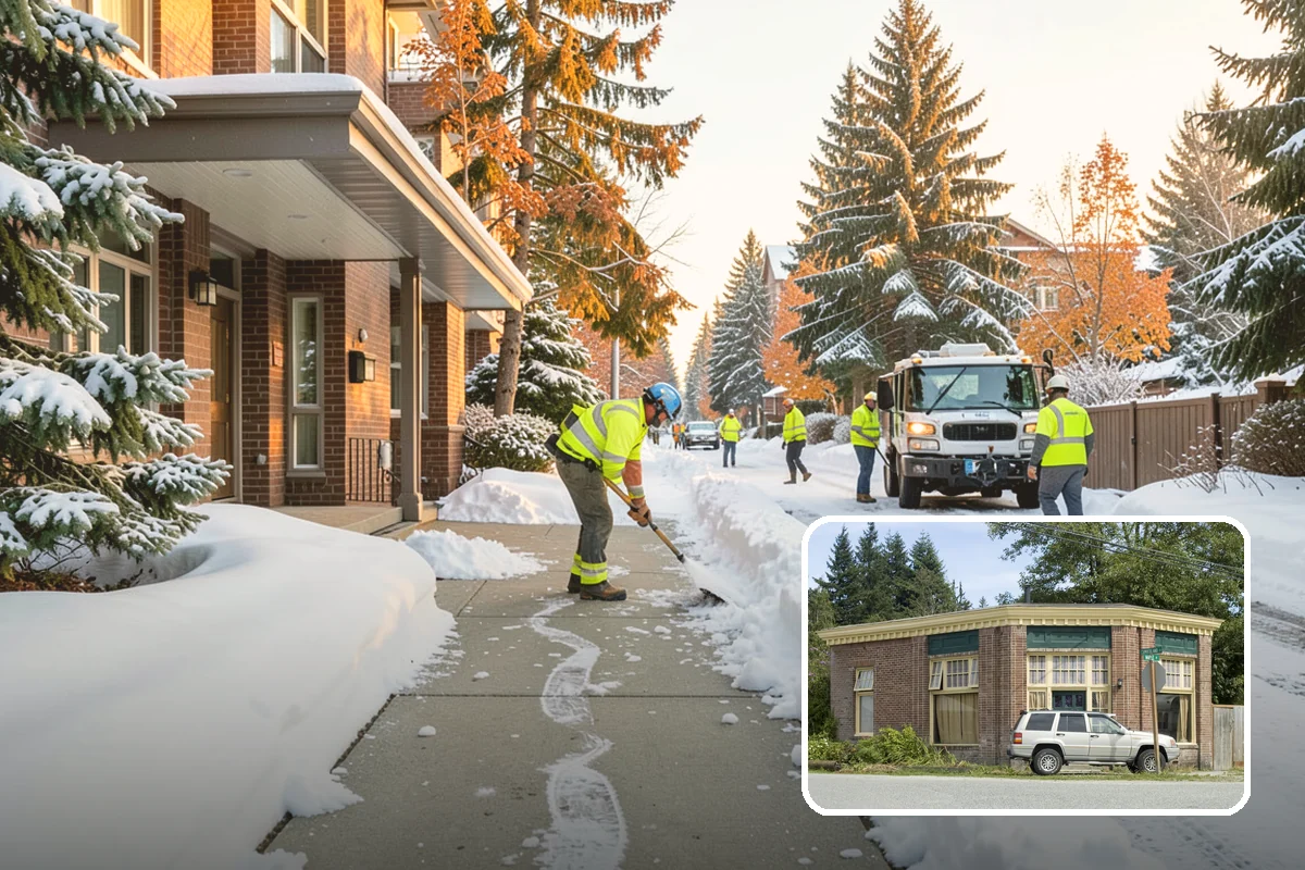 Office Building Sidewalk Clearing in Hamilton, Skagit County, WA - Clear, dry entrances greet employees and clients each morning