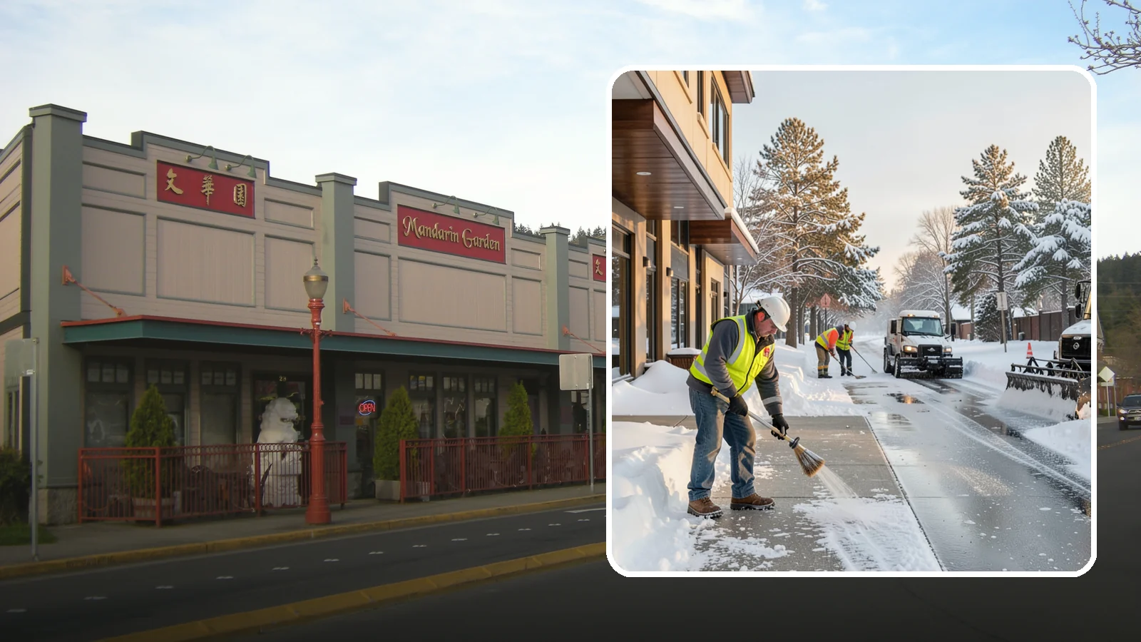 Office Building Sidewalk Clearing in Issaquah, King County, WA - Pre-opening sidewalk clearing for Western Washington office buildings so employees and visitors reach the entrance safely before...