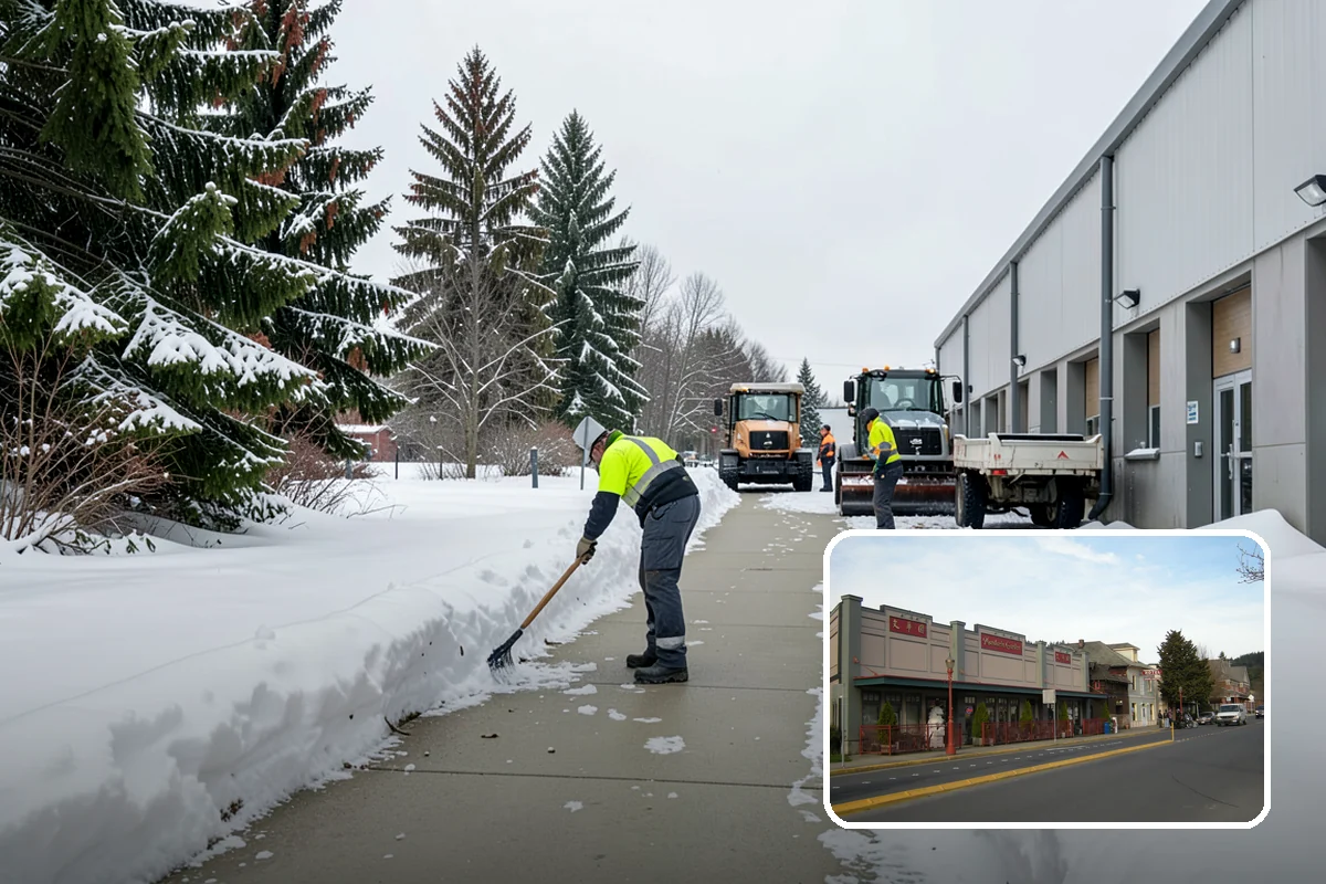 Office Building Sidewalk Clearing in Issaquah, King County, WA - Clear, dry entrances greet employees and clients each morning