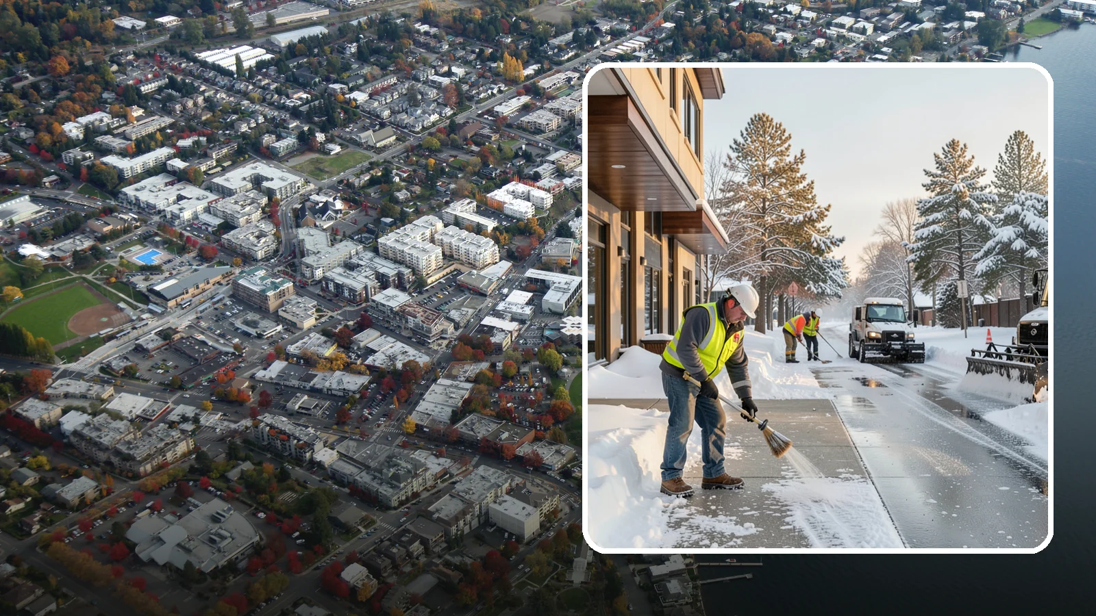 Office Building Sidewalk Clearing in Kirkland, King County, WA - Pre-opening sidewalk clearing for Western Washington office buildings so employees and visitors reach the entrance safely before...