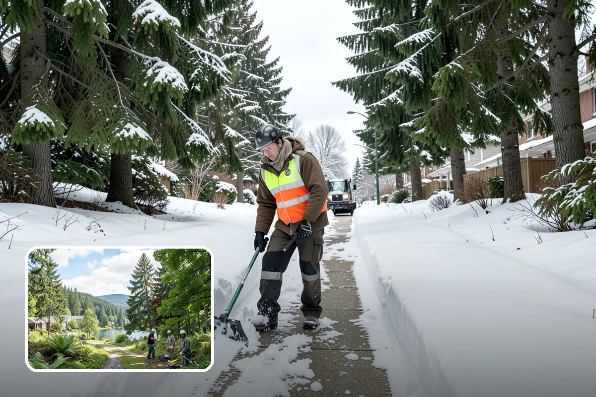 Office Building Sidewalk Clearing in Lake Forest Park, King County, WA - Clear, dry entrances greet employees and clients each morning