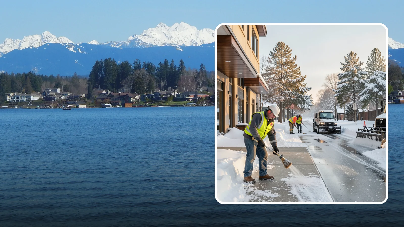 Office Building Sidewalk Clearing in Lake Stevens, Snohomish County, WA - Pre-opening sidewalk clearing for Western Washington office buildings so employees and visitors reach the entrance safely before...