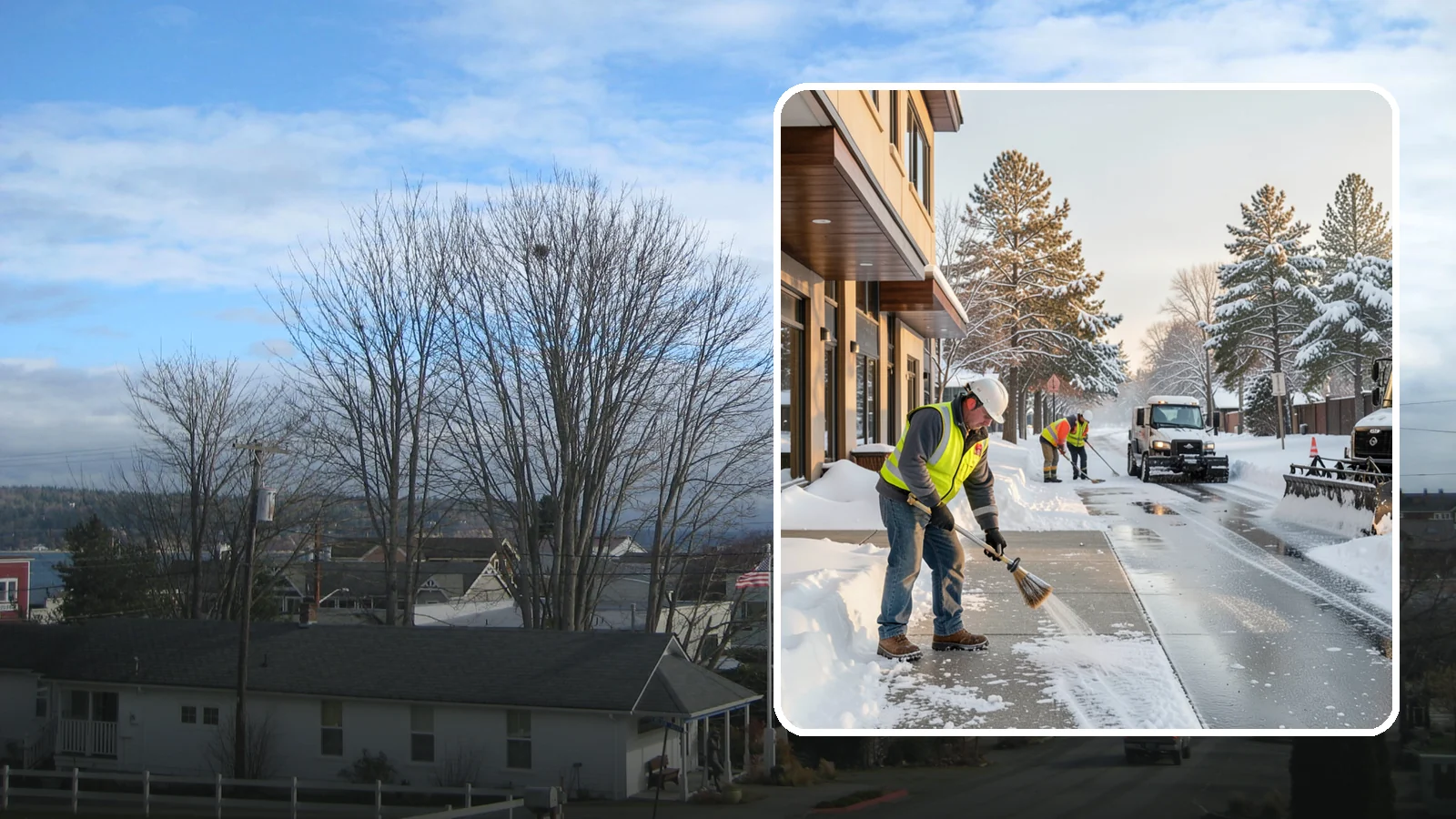 Office Building Sidewalk Clearing in Langley, Island County, WA - Pre-opening sidewalk clearing for Western Washington office buildings so employees and visitors reach the entrance safely before...