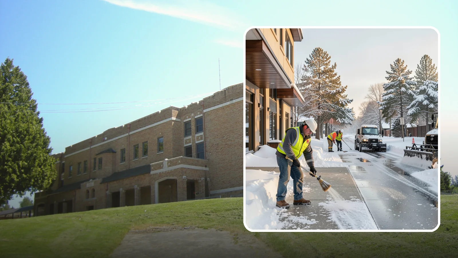 Office Building Sidewalk Clearing in Maple Valley, King County, WA - Pre-opening sidewalk clearing for Western Washington office buildings so employees and visitors reach the entrance safely before...