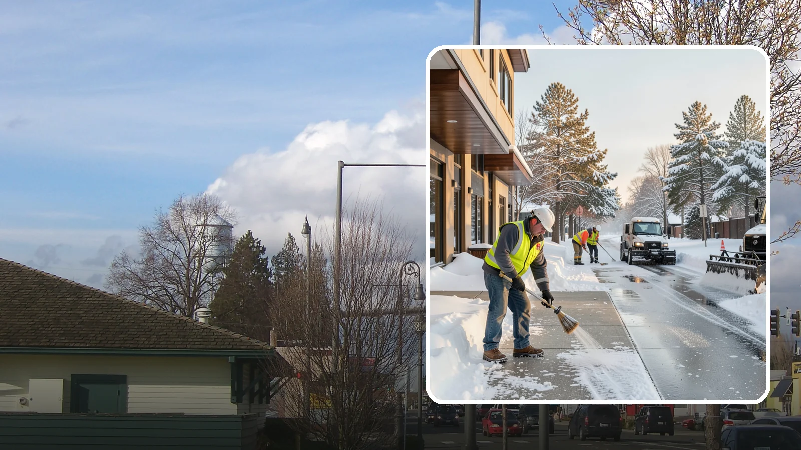 Office Building Sidewalk Clearing in Marysville, Snohomish County, WA - Pre-opening sidewalk clearing for Western Washington office buildings so employees and visitors reach the entrance safely before...