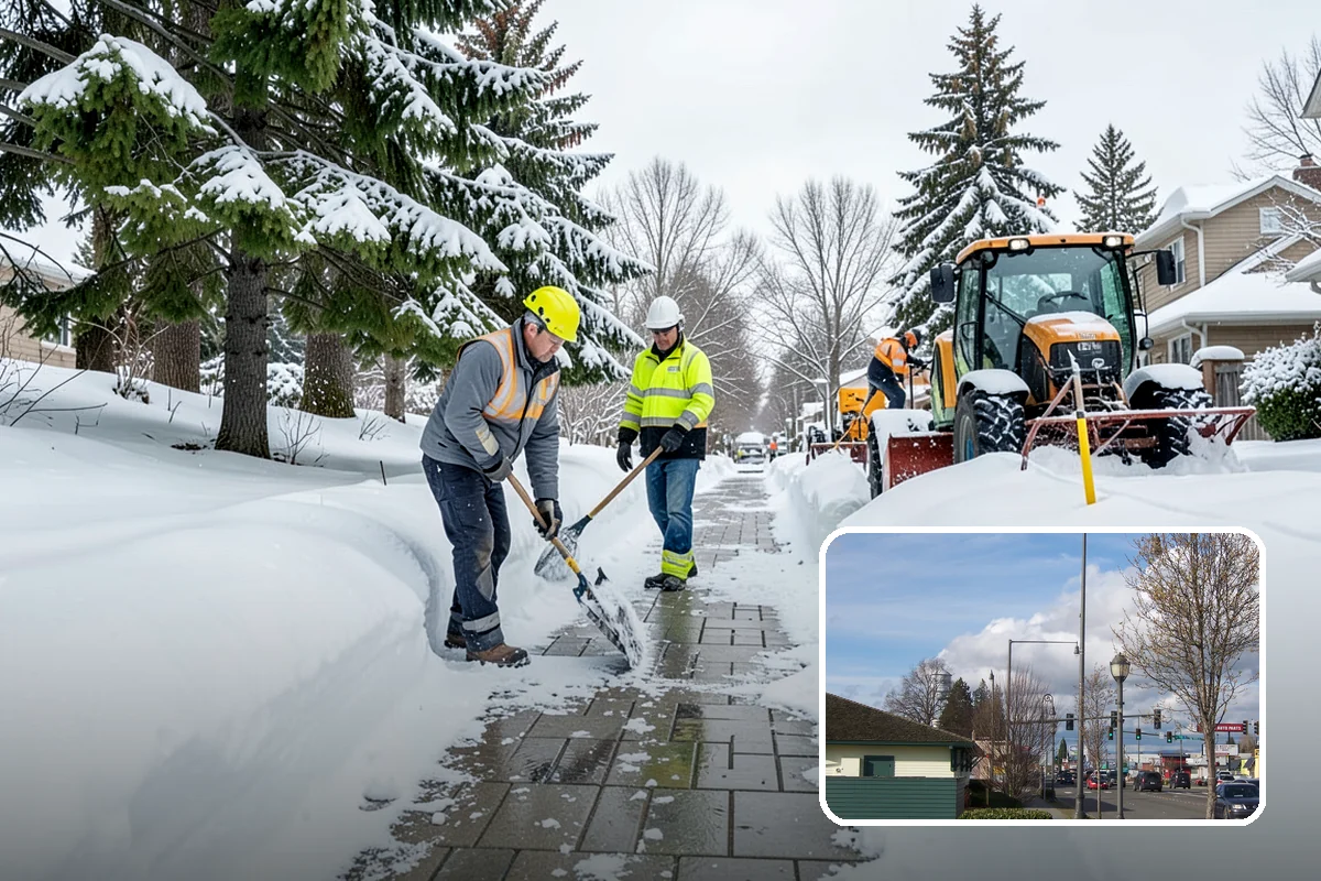 Office Building Sidewalk Clearing in Marysville, Snohomish County, WA - Clear, dry entrances greet employees and clients each morning
