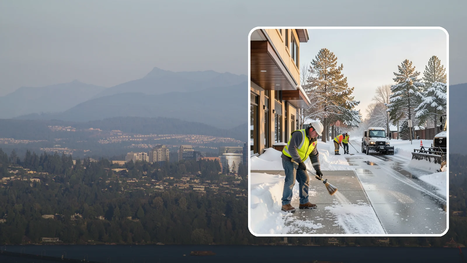 Office Building Sidewalk Clearing in Medina, King County, WA - Pre-opening sidewalk clearing for Western Washington office buildings so employees and visitors reach the entrance safely before...