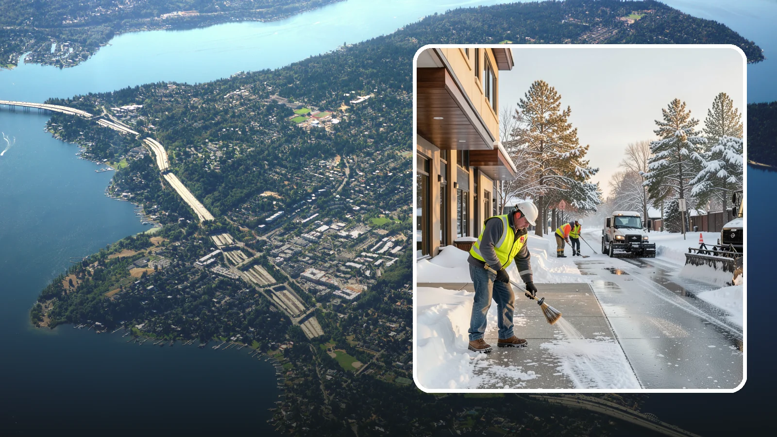 Office Building Sidewalk Clearing in Mercer Island, King County, WA - Pre-opening sidewalk clearing for Western Washington office buildings so employees and visitors reach the entrance safely before...
