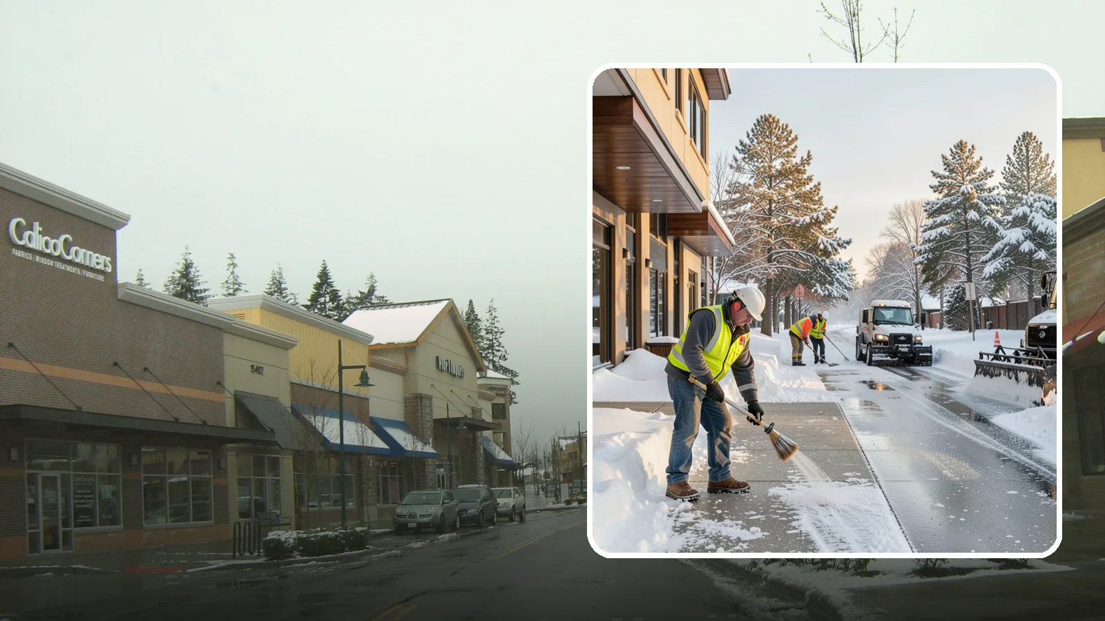 Office Building Sidewalk Clearing in Mill Creek, Snohomish County, WA - Pre-opening sidewalk clearing for Western Washington office buildings so employees and visitors reach the entrance safely before...