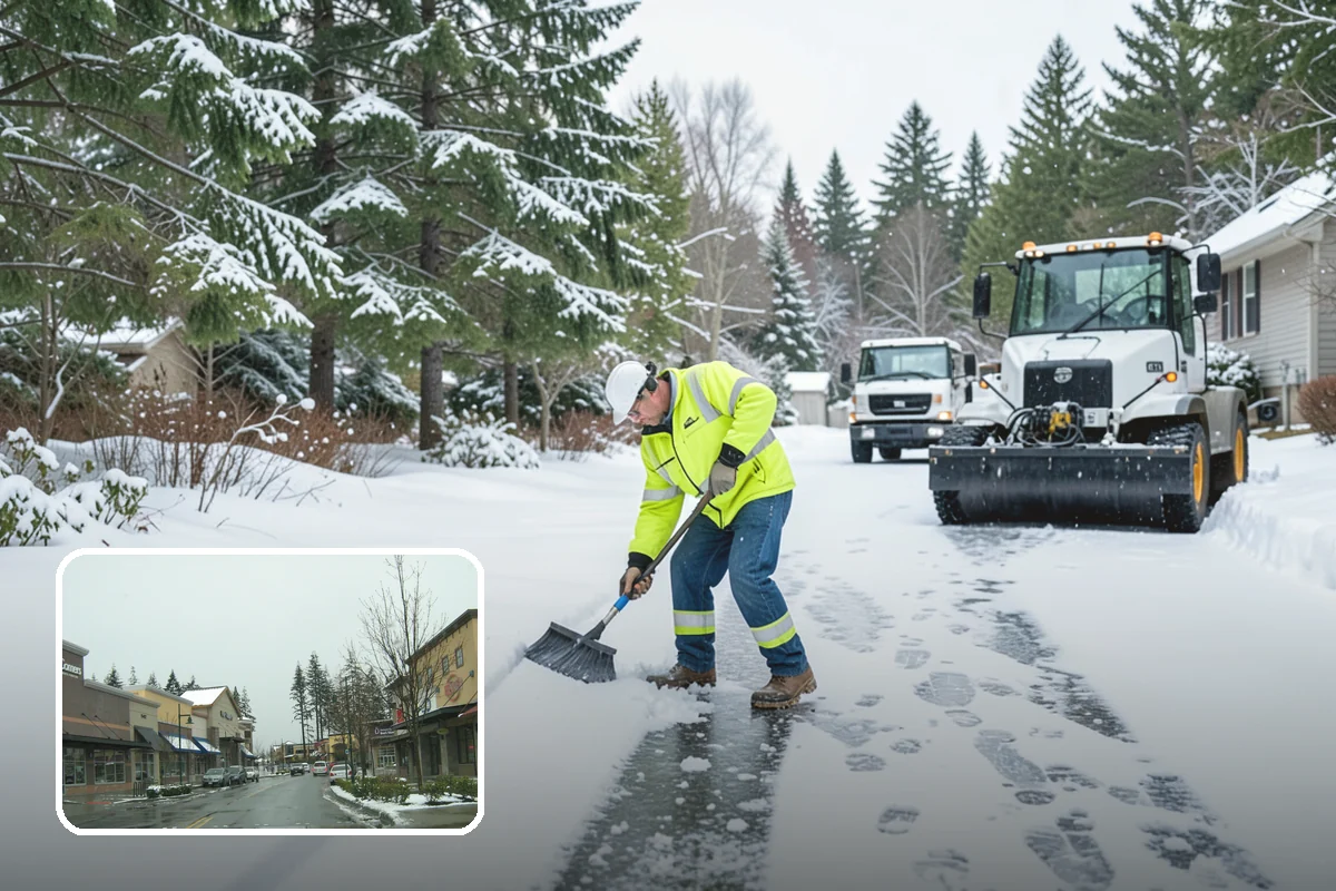 Office Building Sidewalk Clearing in Mill Creek, Snohomish County, WA - Clear, dry entrances greet employees and clients each morning