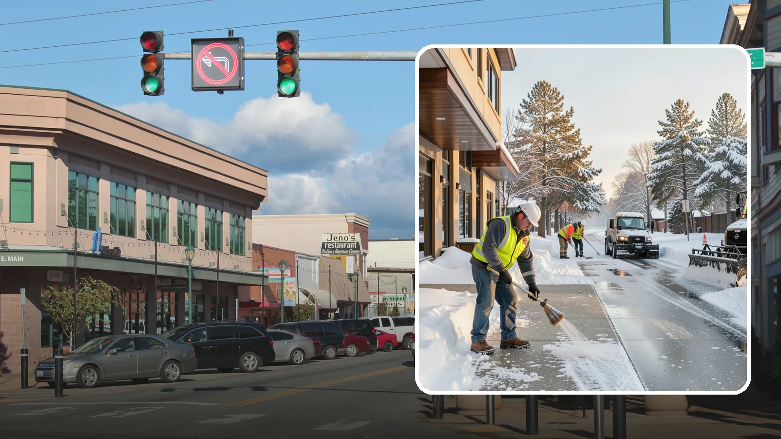 Office Building Sidewalk Clearing in Monroe, Snohomish County, WA - Pre-opening sidewalk clearing for Western Washington office buildings so employees and visitors reach the entrance safely before...
