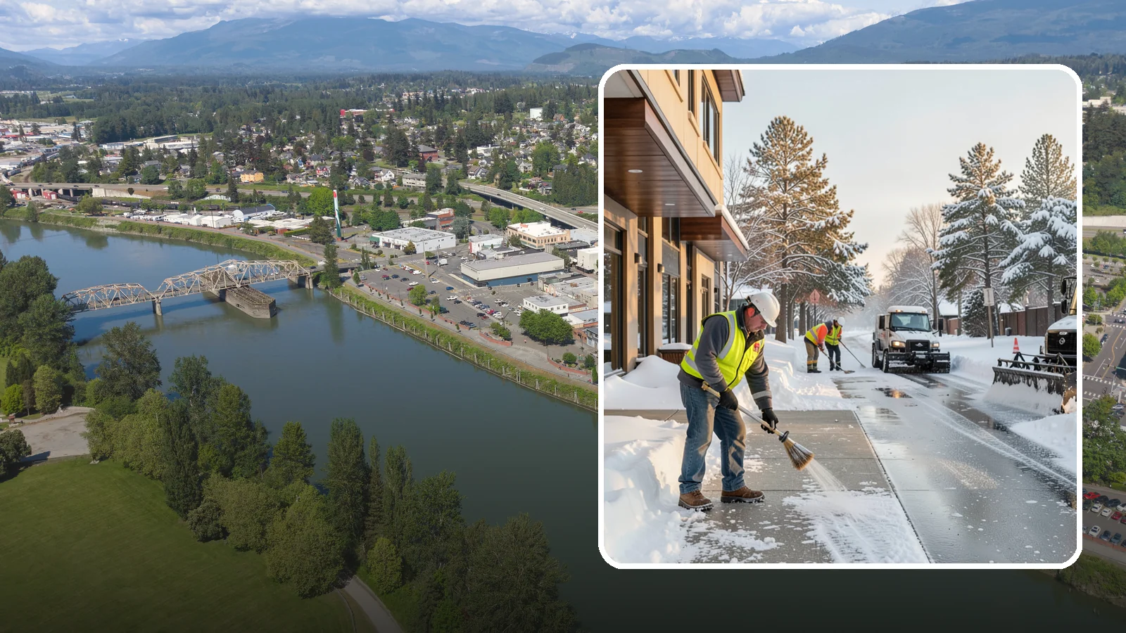 Office Building Sidewalk Clearing in Mount Vernon, Skagit County, WA - Pre-opening sidewalk clearing for Western Washington office buildings so employees and visitors reach the entrance safely before...
