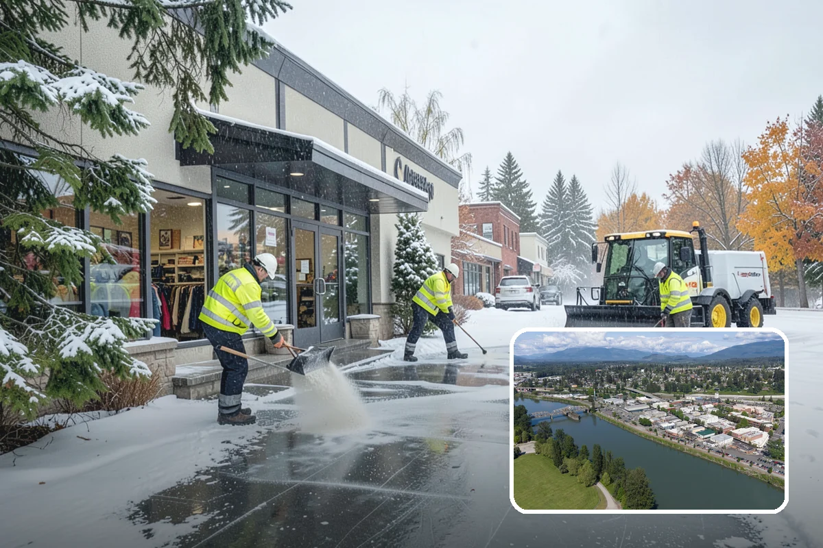 Office Building Sidewalk Clearing in Mount Vernon, Skagit County, WA - Clear, dry entrances greet employees and clients each morning