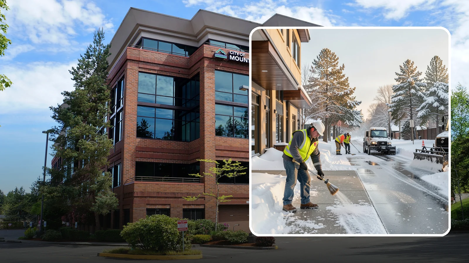 Office Building Sidewalk Clearing in Mountlake Terrace, Snohomish County, WA - Pre-opening sidewalk clearing for Western Washington office buildings so employees and visitors reach the entrance safely before...
