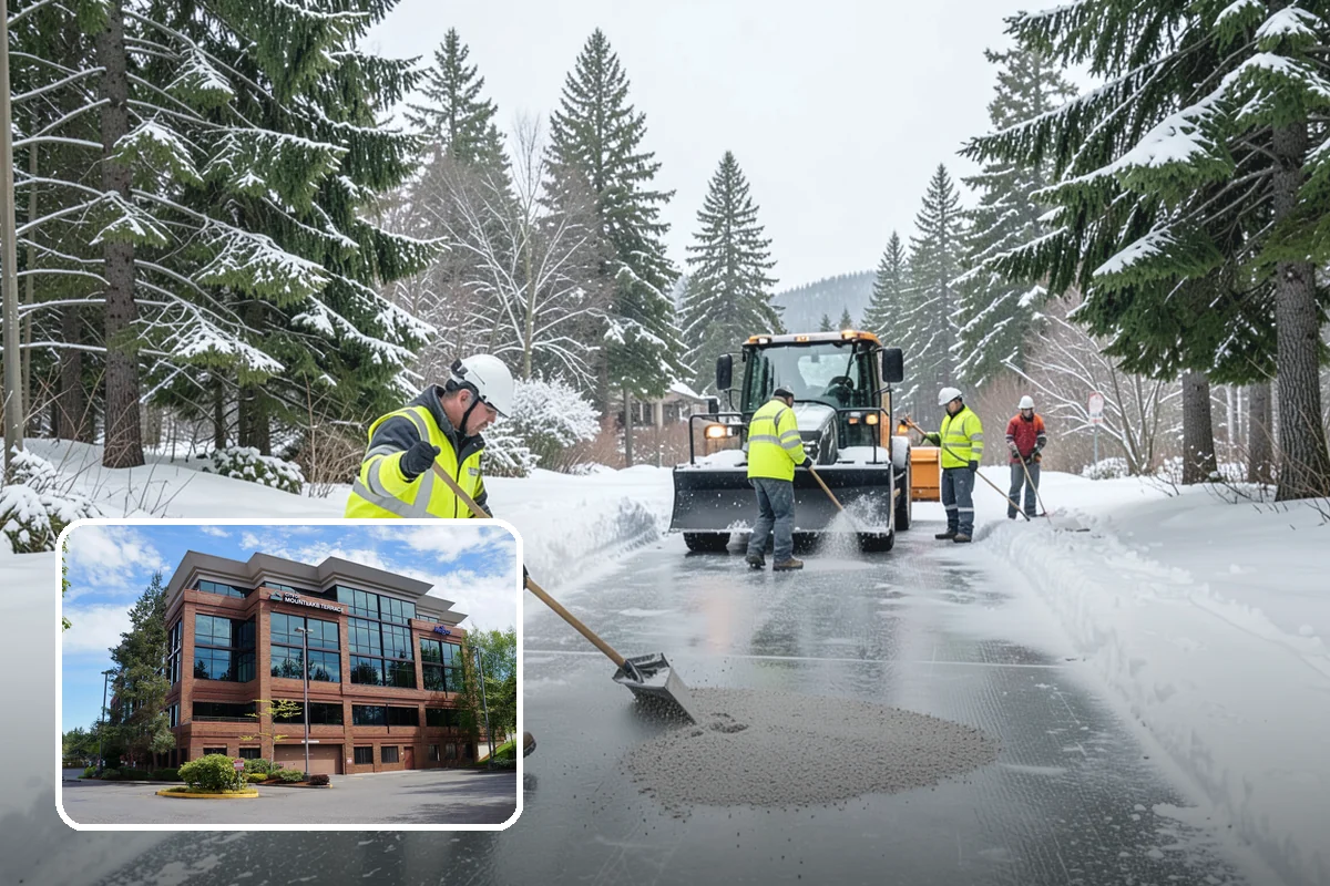 Office Building Sidewalk Clearing in Mountlake Terrace, Snohomish County, WA - Clear, dry entrances greet employees and clients each morning