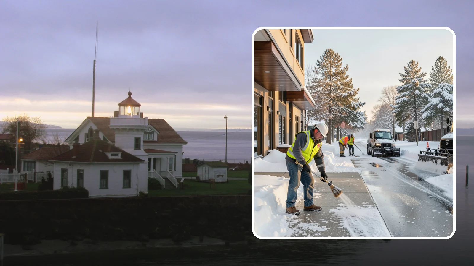 Office Building Sidewalk Clearing in Mukilteo, Snohomish County, WA - Pre-opening sidewalk clearing for Western Washington office buildings so employees and visitors reach the entrance safely before...