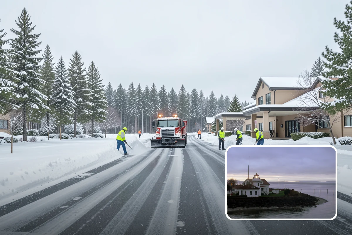 Office Building Sidewalk Clearing in Mukilteo, Snohomish County, WA - Clear, dry entrances greet employees and clients each morning