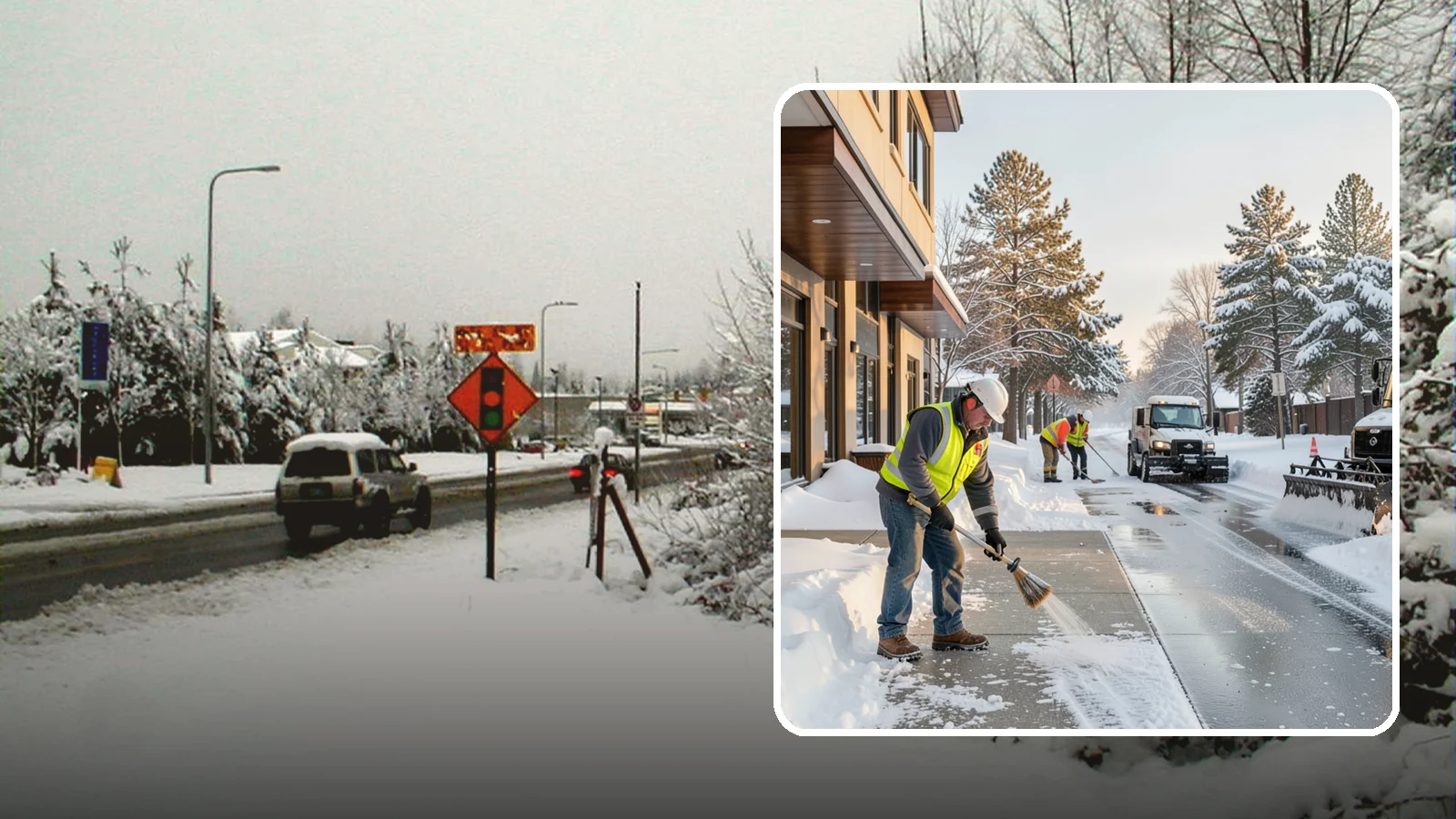 Office Building Sidewalk Clearing in Newcastle, King County, WA - Pre-opening sidewalk clearing for Western Washington office buildings so employees and visitors reach the entrance safely before...