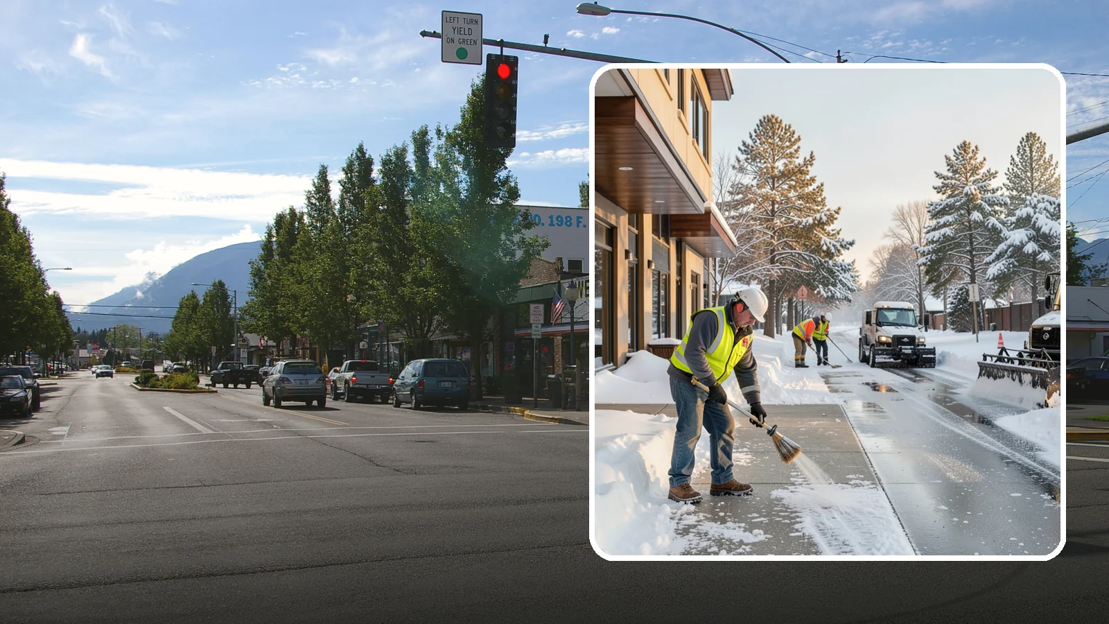 Office Building Sidewalk Clearing in North Bend, King County, WA - Pre-opening sidewalk clearing for Western Washington office buildings so employees and visitors reach the entrance safely before...