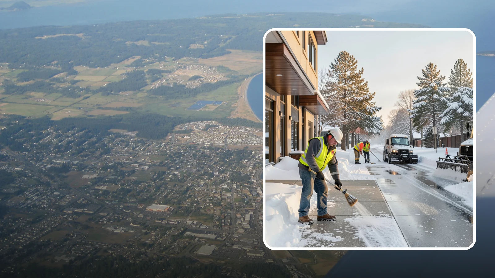 Office Building Sidewalk Clearing in Oak Harbor, Island County, WA - Pre-opening sidewalk clearing for Western Washington office buildings so employees and visitors reach the entrance safely before...