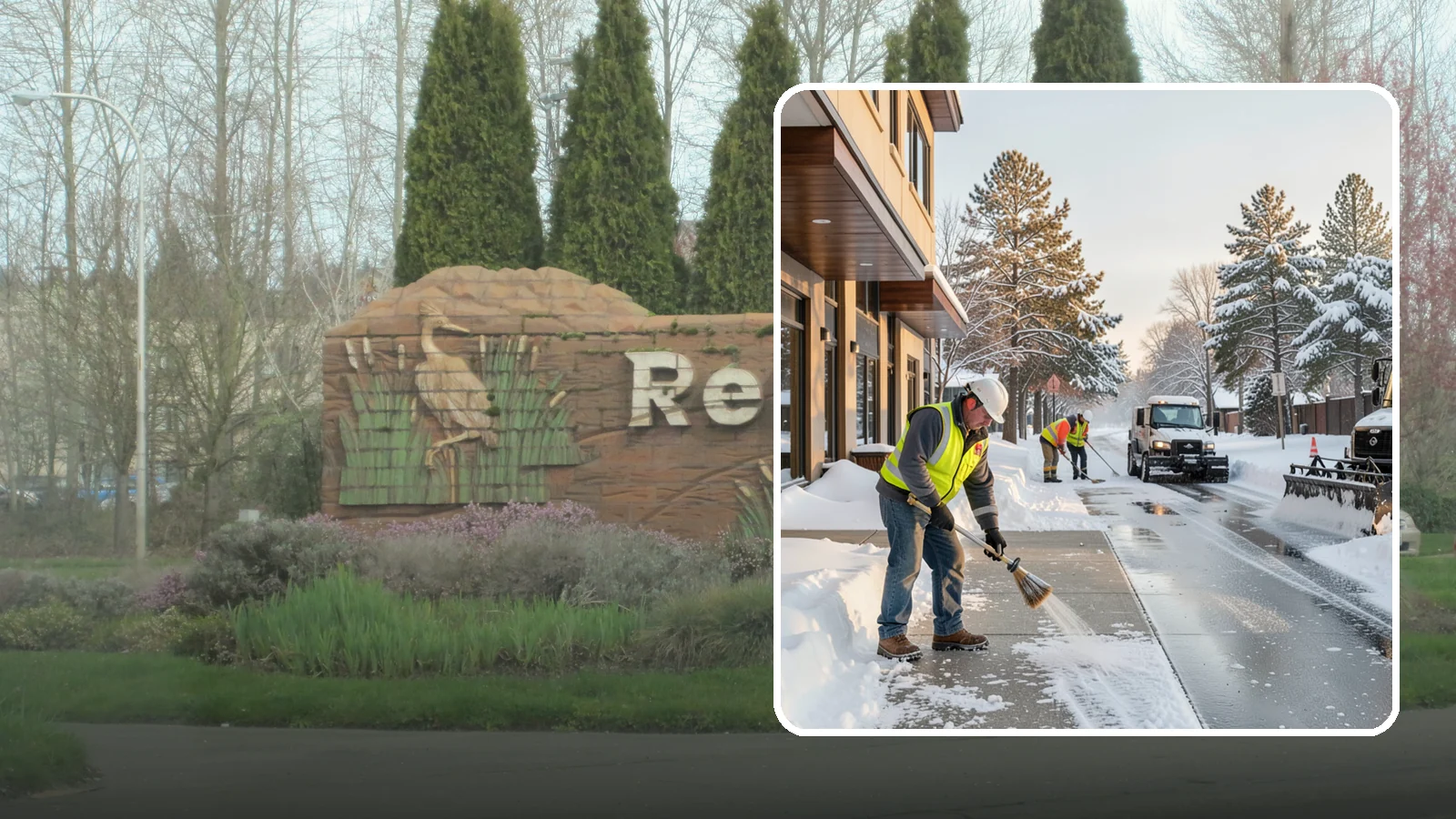 Office Building Sidewalk Clearing in Renton, King County, WA - Pre-opening sidewalk clearing for Western Washington office buildings so employees and visitors reach the entrance safely before...