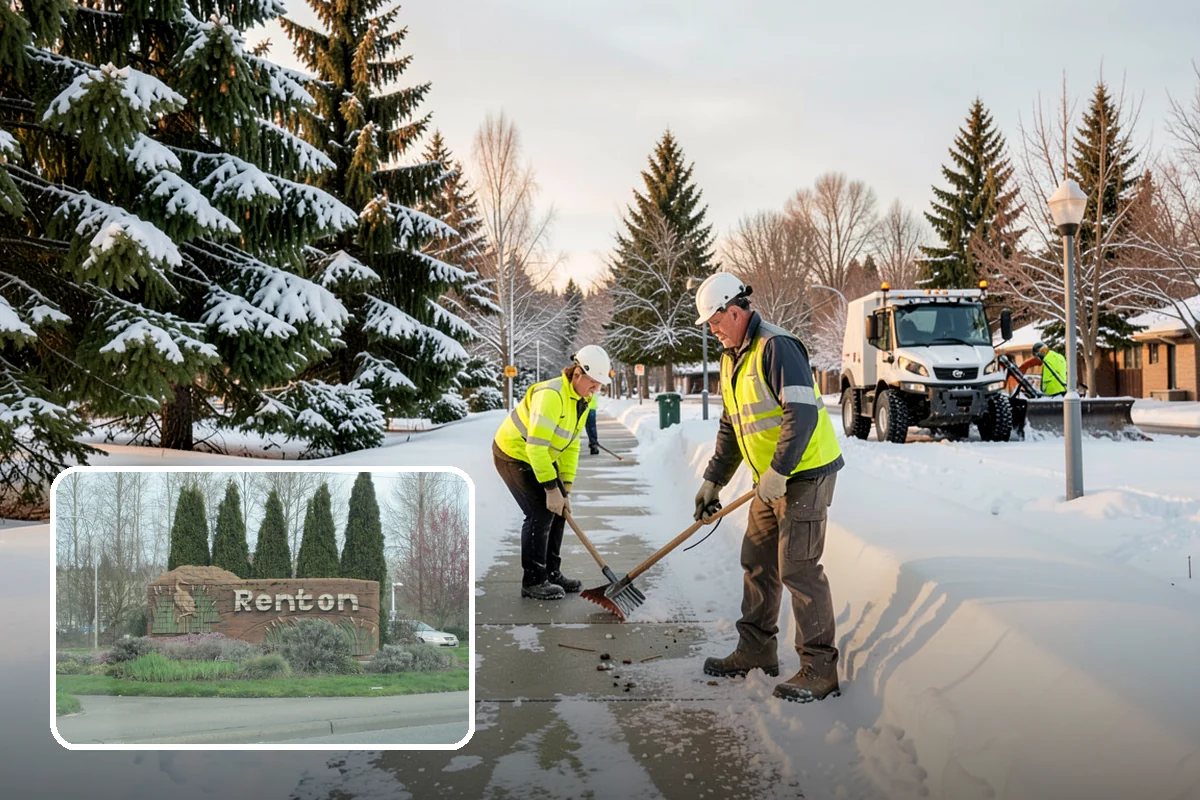 Office Building Sidewalk Clearing in Renton, King County, WA - Clear, dry entrances greet employees and clients each morning