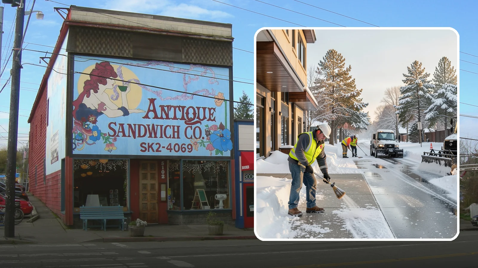 Office Building Sidewalk Clearing in Ruston, Pierce County, WA - Pre-opening sidewalk clearing for Western Washington office buildings so employees and visitors reach the entrance safely before...