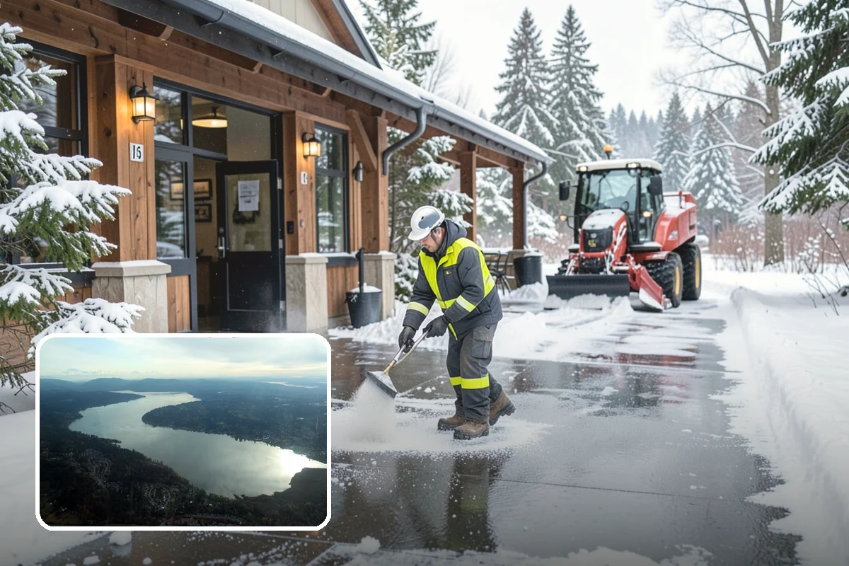 Office Building Sidewalk Clearing in Sammamish, King County, WA - Clear, dry entrances greet employees and clients each morning
