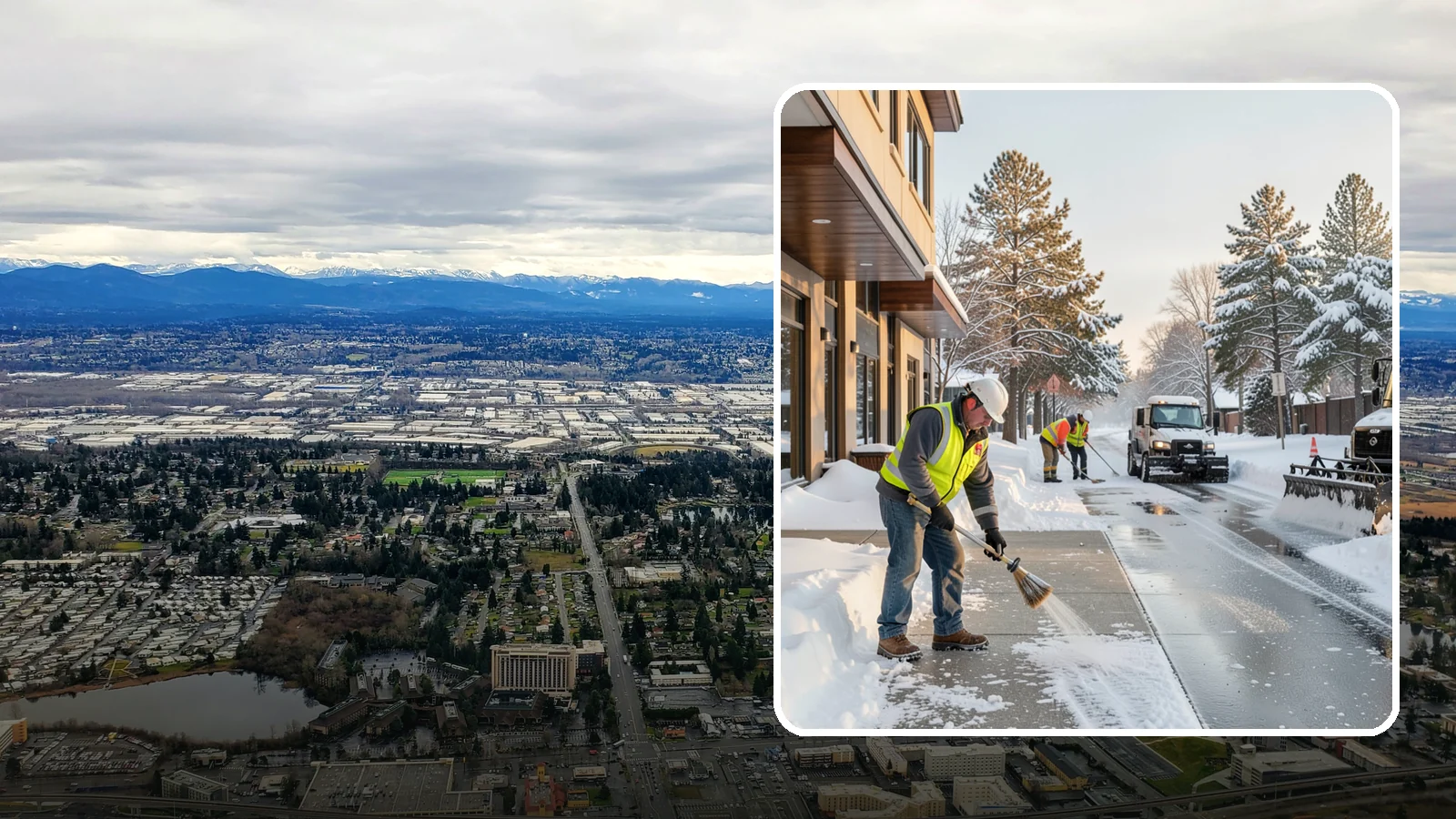 Office Building Sidewalk Clearing in SeaTac, King County, WA - Pre-opening sidewalk clearing for Western Washington office buildings so employees and visitors reach the entrance safely before...
