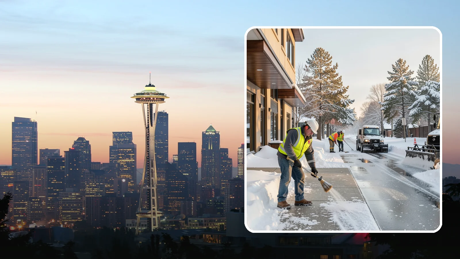 Office Building Sidewalk Clearing in Seattle, King County, WA - Pre-opening sidewalk clearing for Western Washington office buildings so employees and visitors reach the entrance safely before...