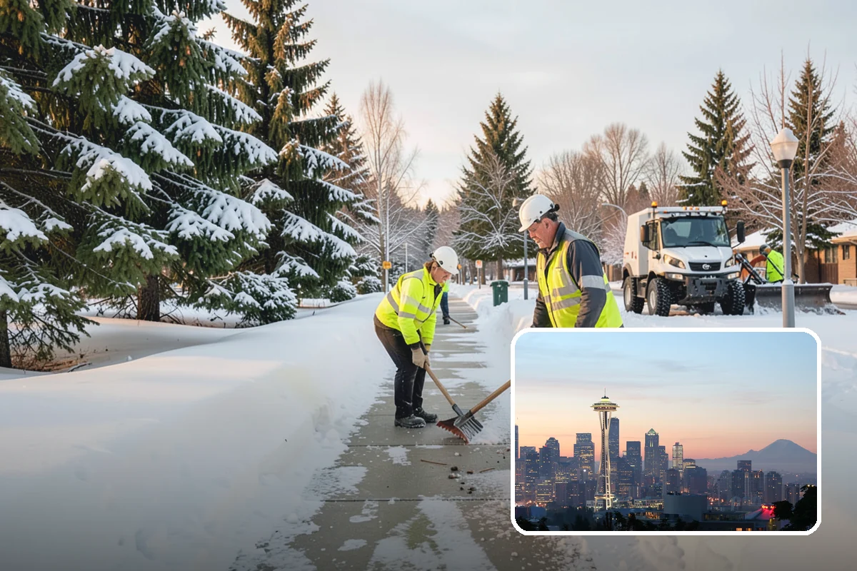 Office Building Sidewalk Clearing in Seattle, King County, WA - Clear, dry entrances greet employees and clients each morning