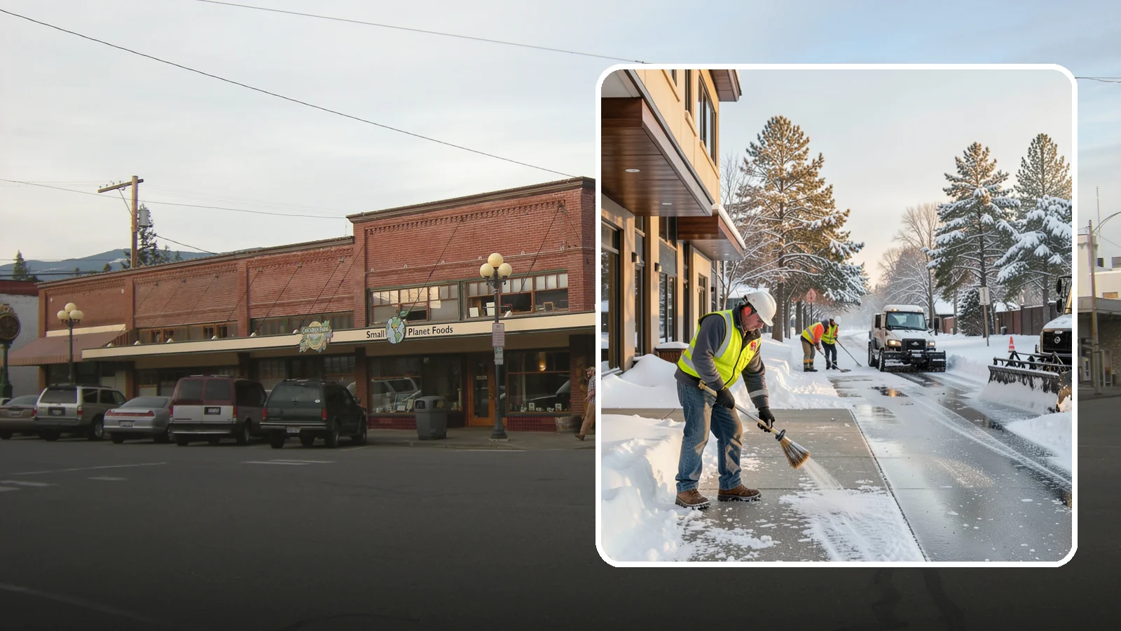 Office Building Sidewalk Clearing in Sedro-Woolley, Skagit County, WA - Pre-opening sidewalk clearing for Western Washington office buildings so employees and visitors reach the entrance safely before...
