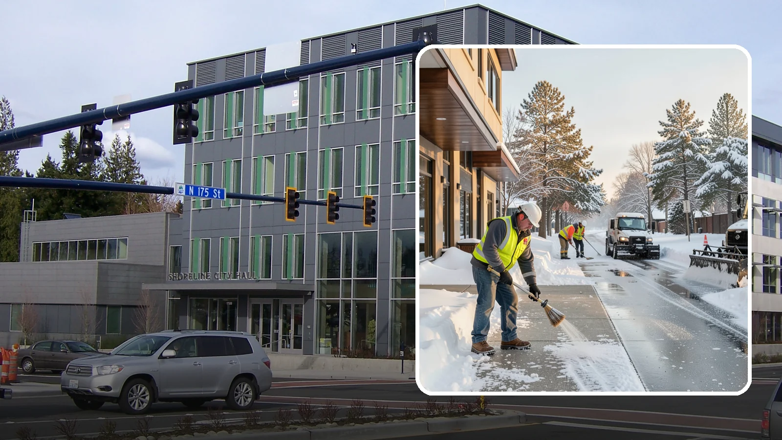 Office Building Sidewalk Clearing in Shoreline, King County, WA - Pre-opening sidewalk clearing for Western Washington office buildings so employees and visitors reach the entrance safely before...