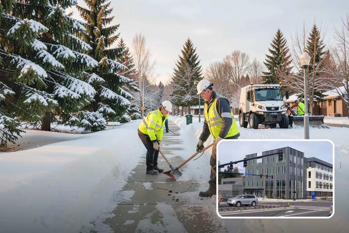 Office Building Sidewalk Clearing in Shoreline, King County, WA - Clear, dry entrances greet employees and clients each morning